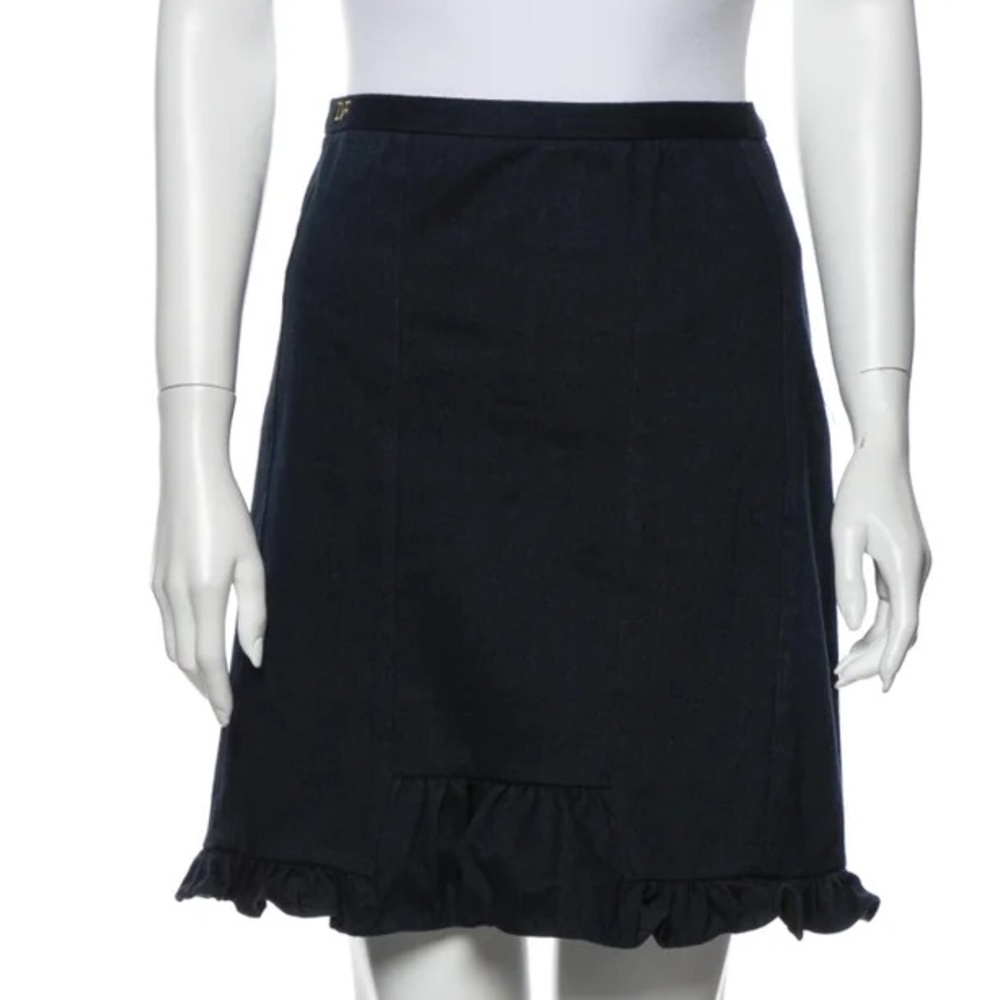 Diane Von Ferstenberg ruffle embellishment denim mini skirt embroidered logo